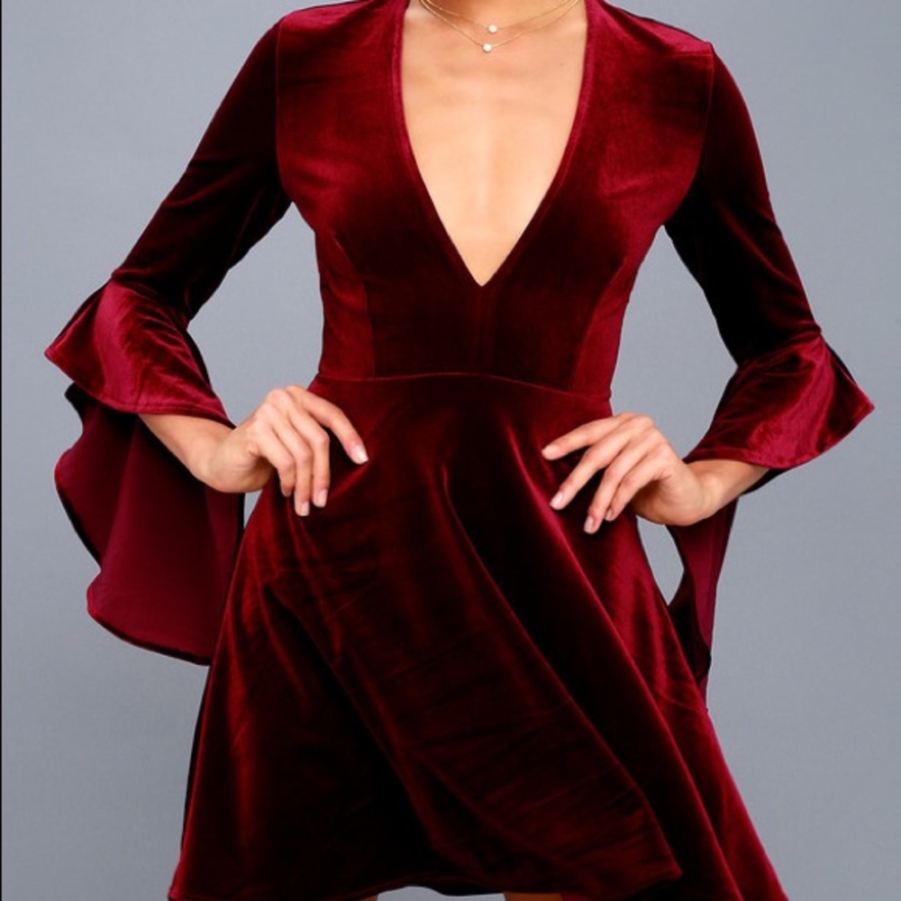 burgundy velvet bell sleeve skater dress